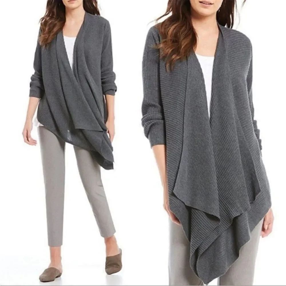 ✨2xHP✨Eileen Fisher Bark Ribbed Wool Angle Front Cardigan✨